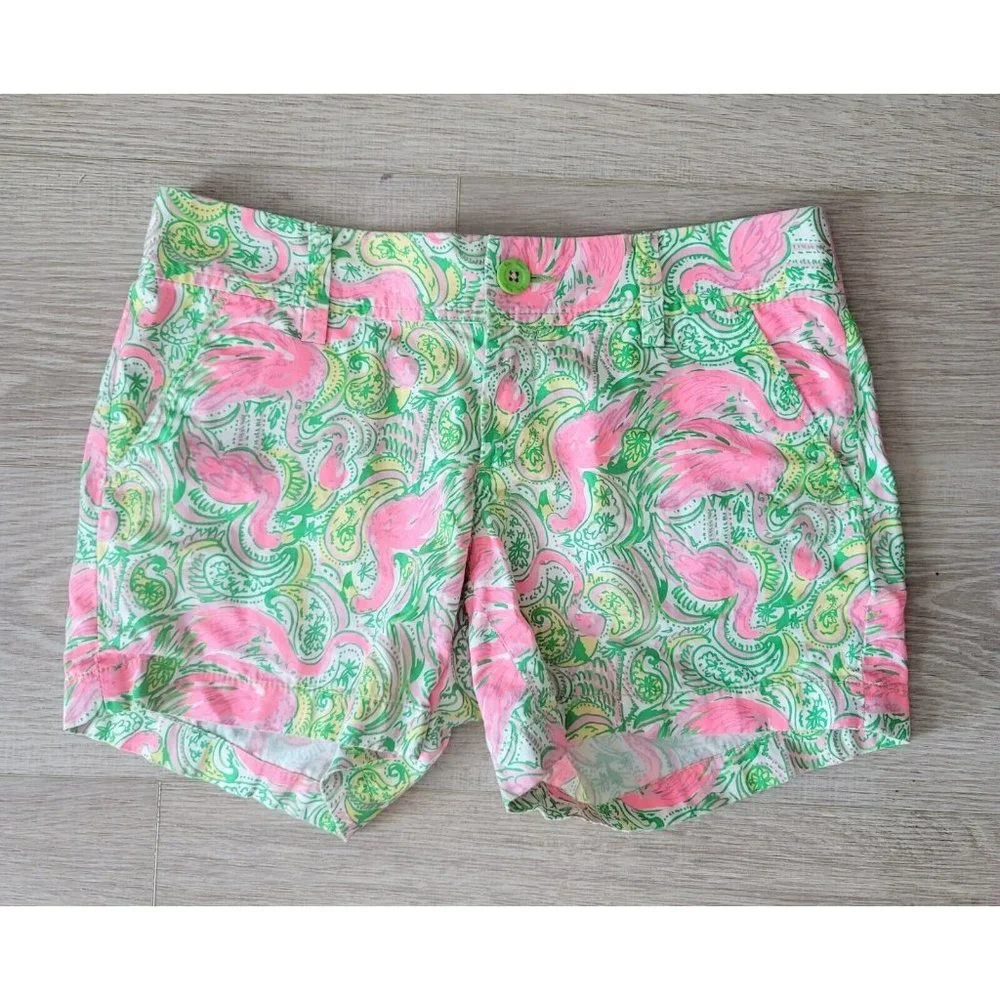 Lilly Pulitzer The Cullahan Green Pink Flamingo Tropical Hawaiian Shorts Size 4